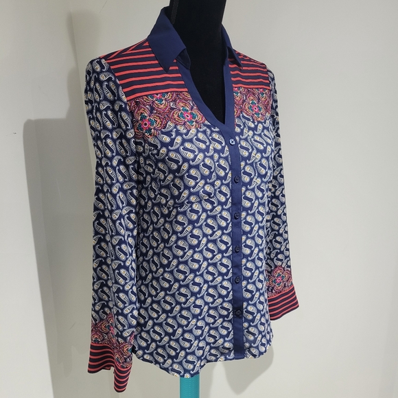 Express Women's Portofino Slim Fit Boho Paisley Button Up Shirt XS Blue Red - Picture 2 of 10
